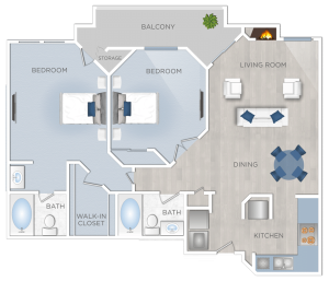 A floor plan of a two bedroom apartment available for rent in Burbank, Ca.