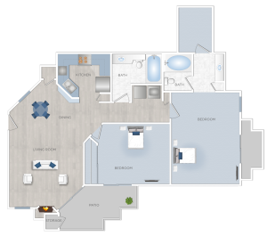 A floor plan of a two bedroom apartment in Burbank, Ca.
